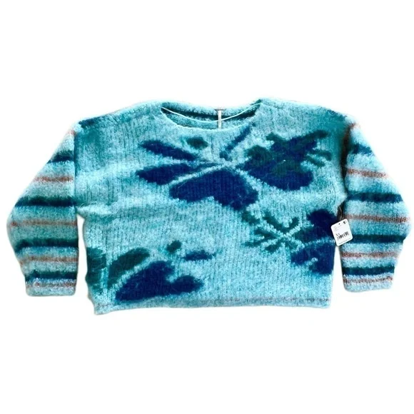 NWT Free People Lily Mixed Print Cropped Sweater, Sky Blue, Size XS - Picture 5 of 11